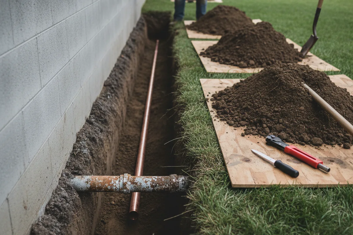 Excavated water line trench during Sewer Line Repair in West Oneonta